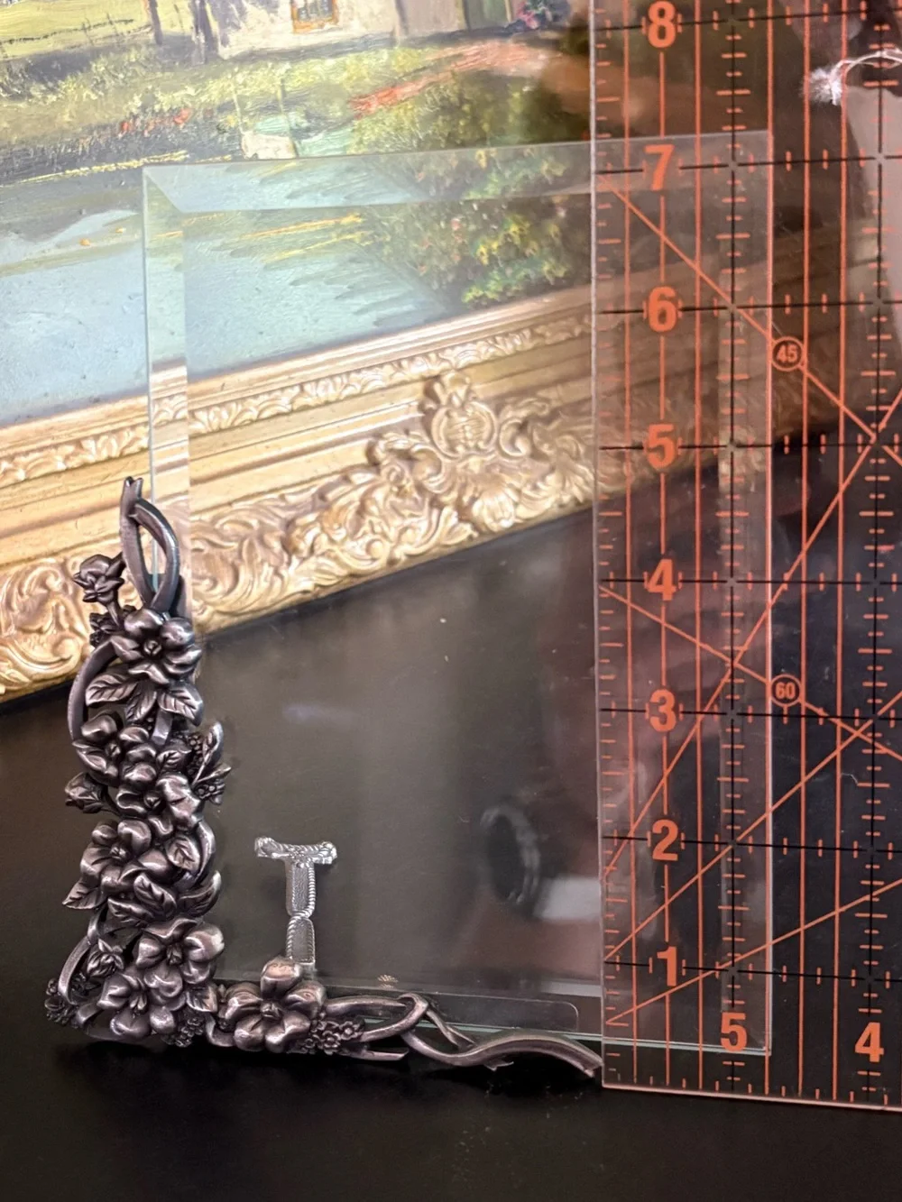 Floral Pewter Bordered Floating Glass Frame Portrait Beveled Edges 4 X 6 Photo